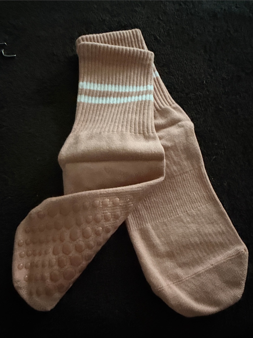 Women’s Non-Slip Crew Socks in Mauve with White Stripes